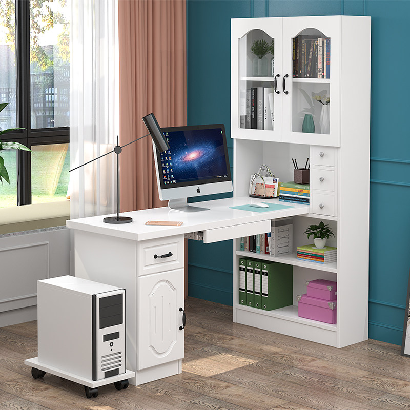 转角纯实木台式电脑桌带书架书桌书柜组合儿童学习桌家用写字桌子