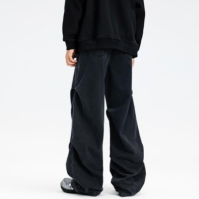 AWRB宽松阔腿褶皱牛仔裤男春秋季水洗深色口袋工装设计感休闲裤子