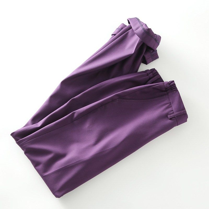深紫色西裤女士修身长裤直筒职业4S店工作裤口袋松紧腰春秋款哔叽