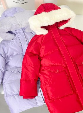 *B*C红色紫色羽绒服大衣外套女童秋冬90%绒儿童超好看外套大毛领