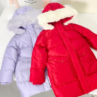 *B*C红色紫色羽绒服大衣外套女童秋冬90%绒儿童超好看外套大毛领
