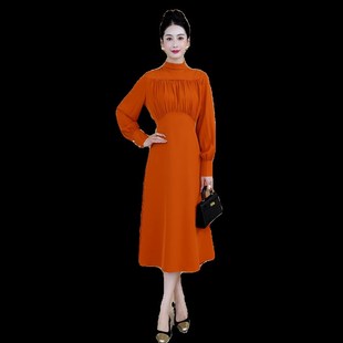 流光溢彩法式连衣裙女2024春季新款橙色高级优雅显瘦中长款女裙子