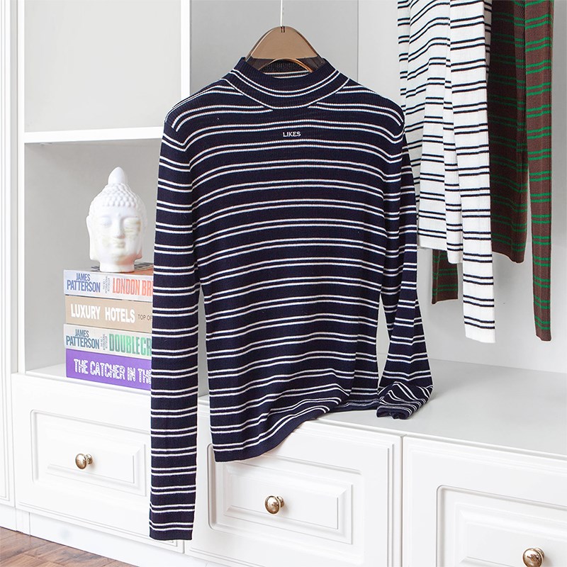 清爽复古细横条纹 立领套头长袖弹力显瘦美丽诺羊毛针织衫打底衫