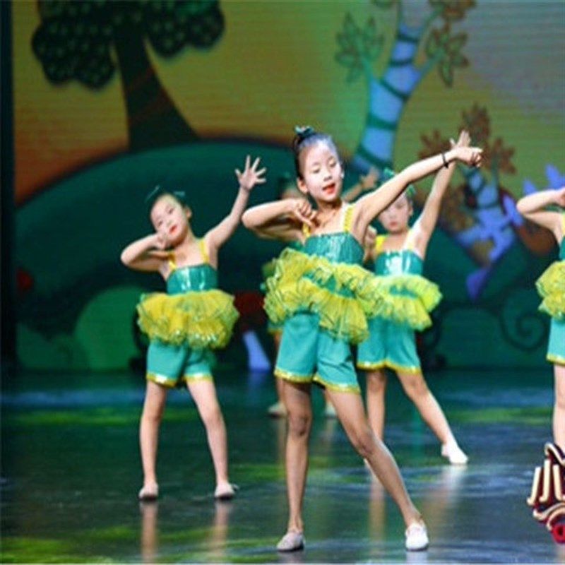 儿童女孩舞蹈演出服幼儿园我爱吃蔬菜可爱绿色跳舞蓬蓬裙表演服装