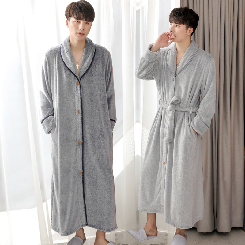 冬季保暖男士睡裙加厚钮扣睡袍男春秋连身睡衣加绒长版扣子浴袍女