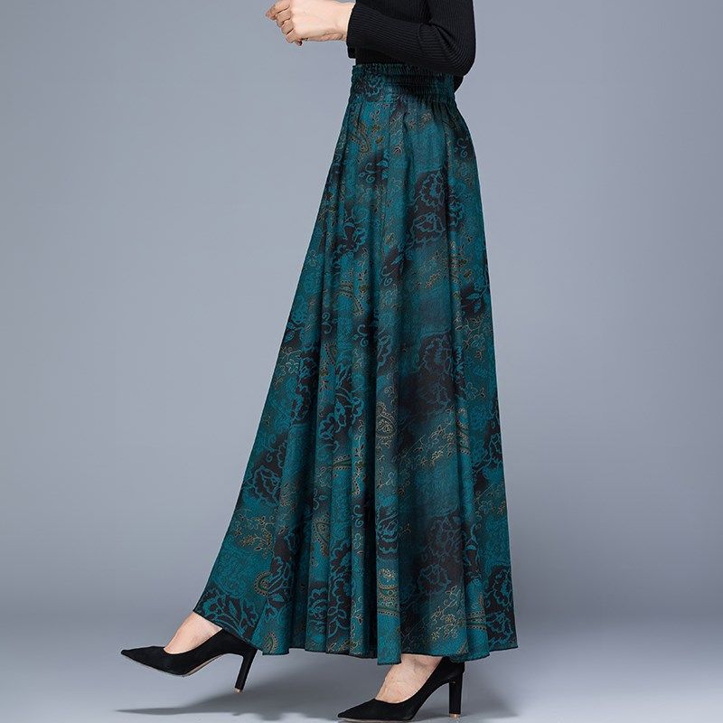 新款秋冬长裙高腰半身裙花色大摆裙毛呢中年a字裙大码长款冬裙女