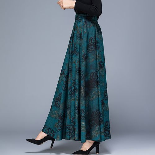 新款秋冬长裙高腰半身裙花色大摆裙毛呢中年a字裙大码长款冬裙女