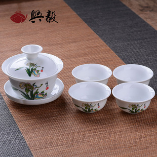 青花陶瓷盖碗茶杯简约家用泡茶器茶壶整套三才碗特价 功夫茶具套装