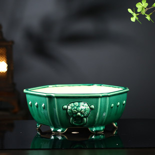 精品紫砂花盆白瓷冰裂釉透气六方兰花花盆多肉悬崖松柏盆景盆石湾