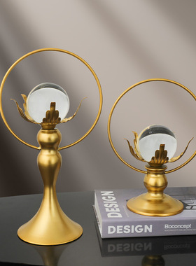 北欧简约铁艺金色莲花水晶球摆件客厅餐厅酒柜玄关书架装饰摆设