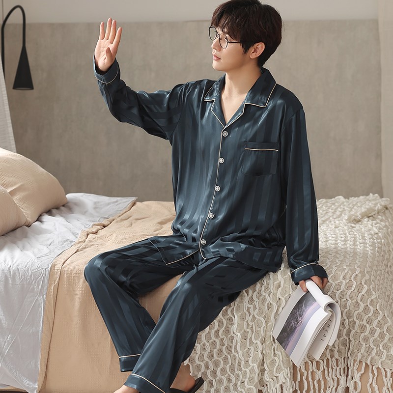 速发青年睡衣男士春绸款长袖高级感丝薄条纹家居服套休闲夏装