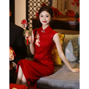 连 无袖 速发新中式 红袍旗裙订婚礼服色晨袍敬酒服结婚当天新娘便装