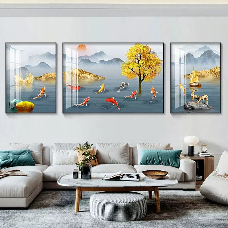 速发九鱼聚财现代简约客厅三联装饰画新中式山水画靠山客厅装饰画