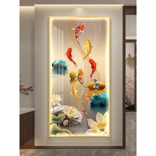 速发带灯荷花九鱼图入户玄关装饰画客厅走廊过道竖版挂画聚财玄幻