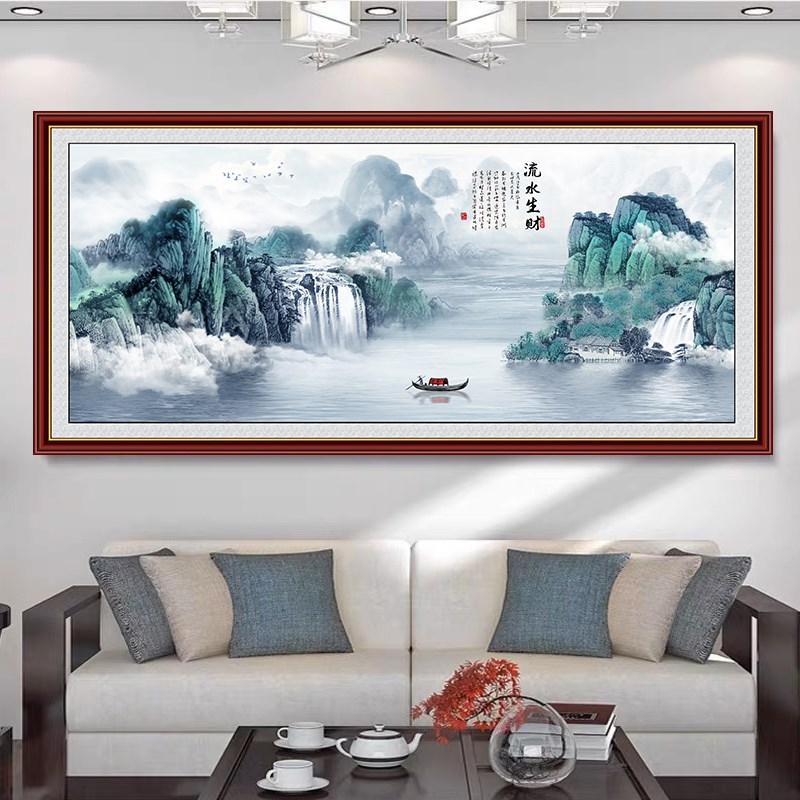 速发新中式办公室客厅山水画自粘画风景沙发壁景景装饰贴画背画背
