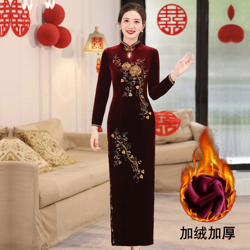 现货速发结婚喜婆婆婚宴装妈妈礼服裙大码改良长袖旗袍秋冬款气质