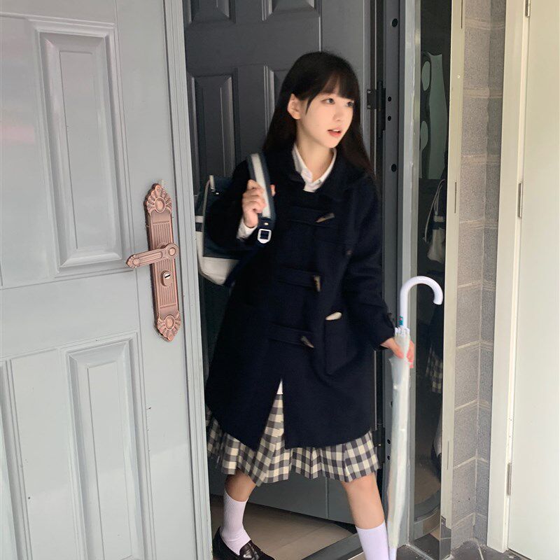 速发夏日和风铃 藤J私立 川K学院风外夹套棉牛角扣呢子大衣