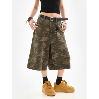 速发迷彩工装七分短裤夏中美式高街复古宽松裤闲直筒阔腿季休子