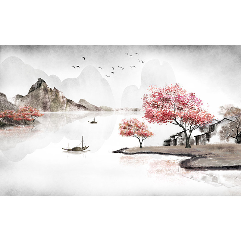 速发简约新中式客厅电视背景墙壁纸办公室茶厅装饰壁画意境山水画