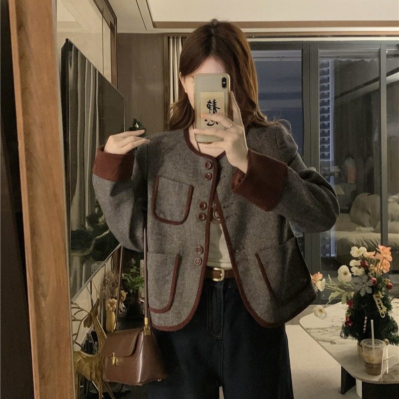 速发大码秋冬法质短款毛呢外套小个子式级感气高正肩上衣