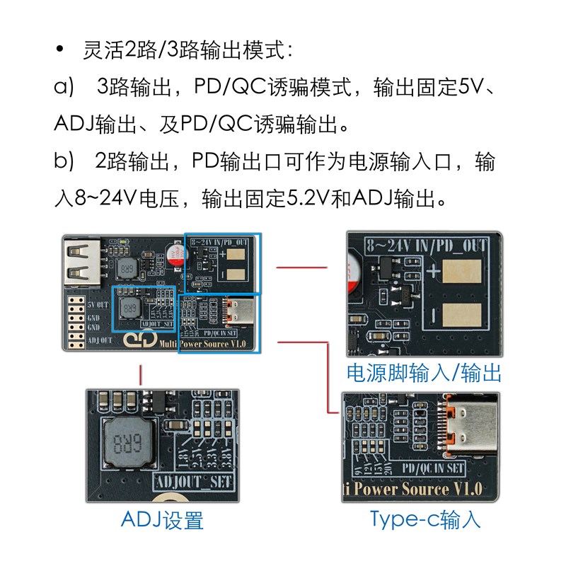 速发降压固态电容可调多路模块PD/QC诱骗宽压8~24V输入P配置