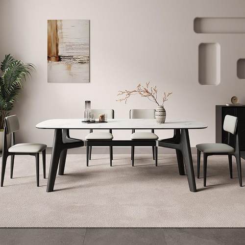 意式极简进口岩板餐桌家用现代高端小户型新款黑色长方形实木餐桌