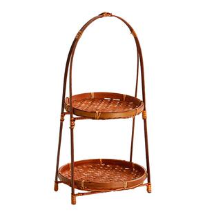 竹编手提竹篮双层茶点盘水果盘干果篮提篮三层手工吊篮茶道竹盘