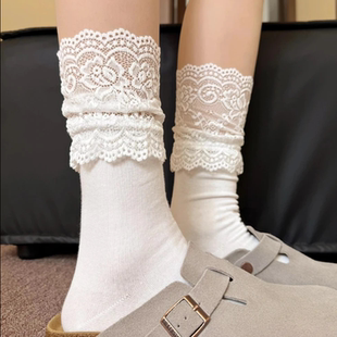 【下单立减50】袜子女秋季新款拼接蕾丝袜百搭白色中筒袜堆堆袜_F