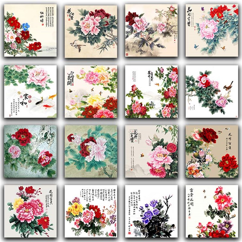 正方形国花牡丹画芯新中式国画走廊客厅卧室沙发背景墙挂画装饰画图片