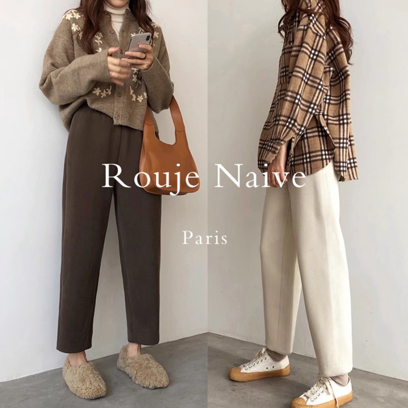 Rouje Naive棕咖色羊毛阔腿裤女秋冬香蕉裤哈伦加绒萝卜奶奶裤子