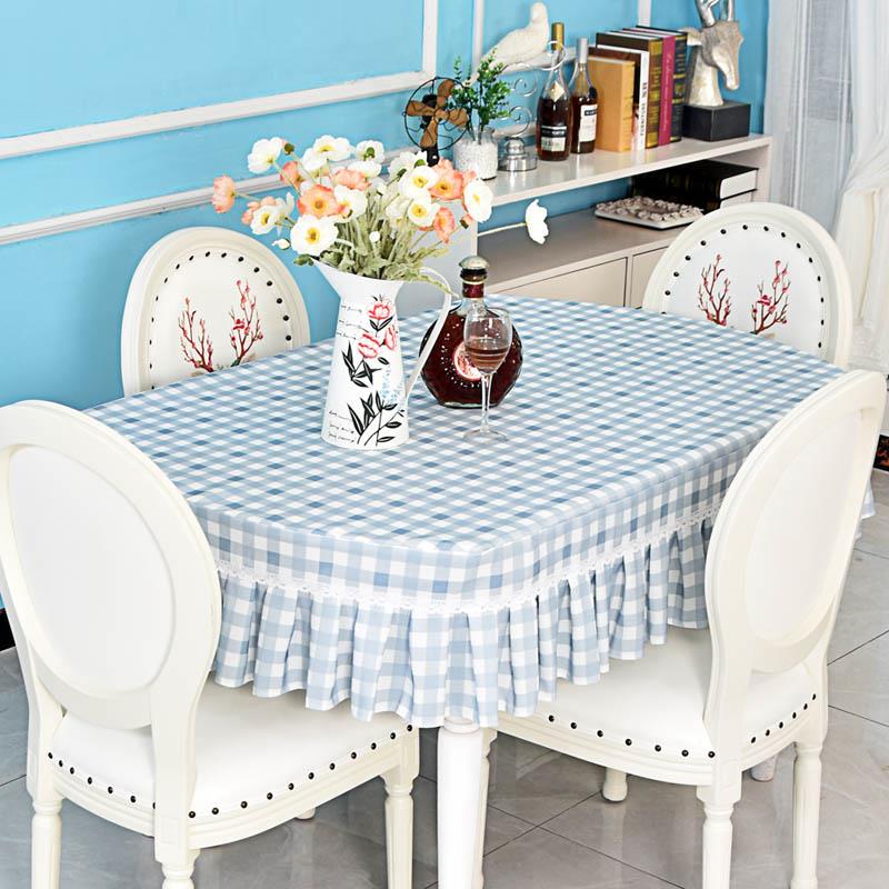 简约蓝色小格子餐桌套罩长方形麻将电视柜盖布正方形老式方桌台布