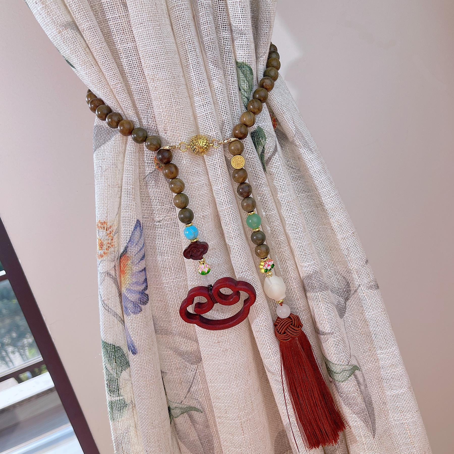 檀木如意窗帘绑带国风木质莲花菩提可调节绑绳书房茶室纱帘收拢带