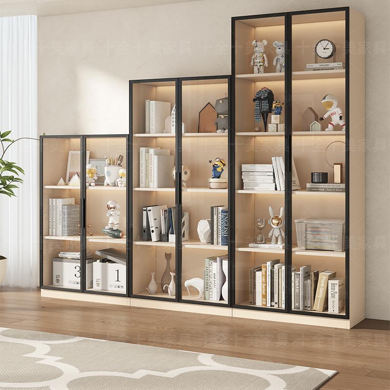 实木客厅展示柜落地置物架靠墙玻璃门家用储物柜儿童书柜书架一体