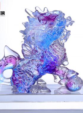 手工琉璃麒麟送子招财镇宅摆件一对卧室床头柜水晶办公室桌面装饰