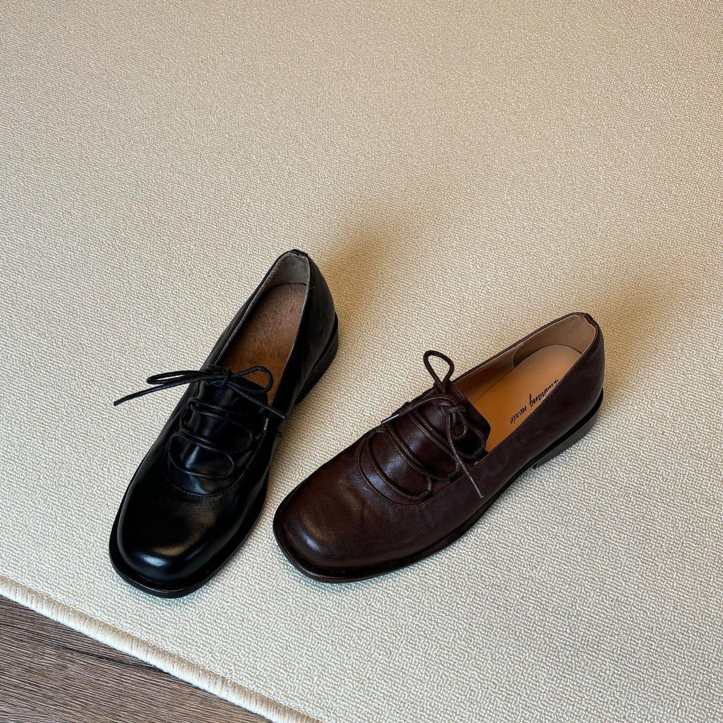 真皮英伦风乐福鞋女冬季加绒一脚蹬春秋方头系带黑色小皮鞋女平底