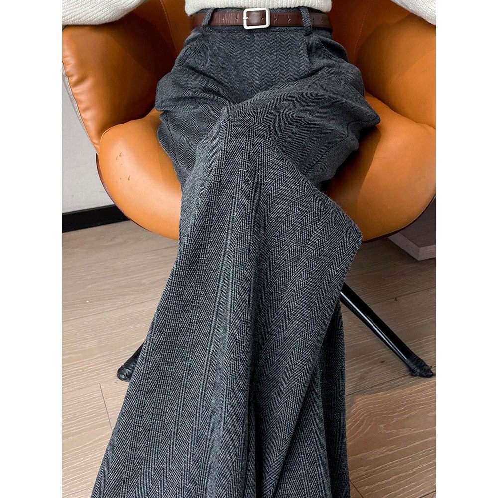 米兰风MDCW人字纹高级感灰色西装裤女秋冬高腰垂感毛呢加绒阔腿裤