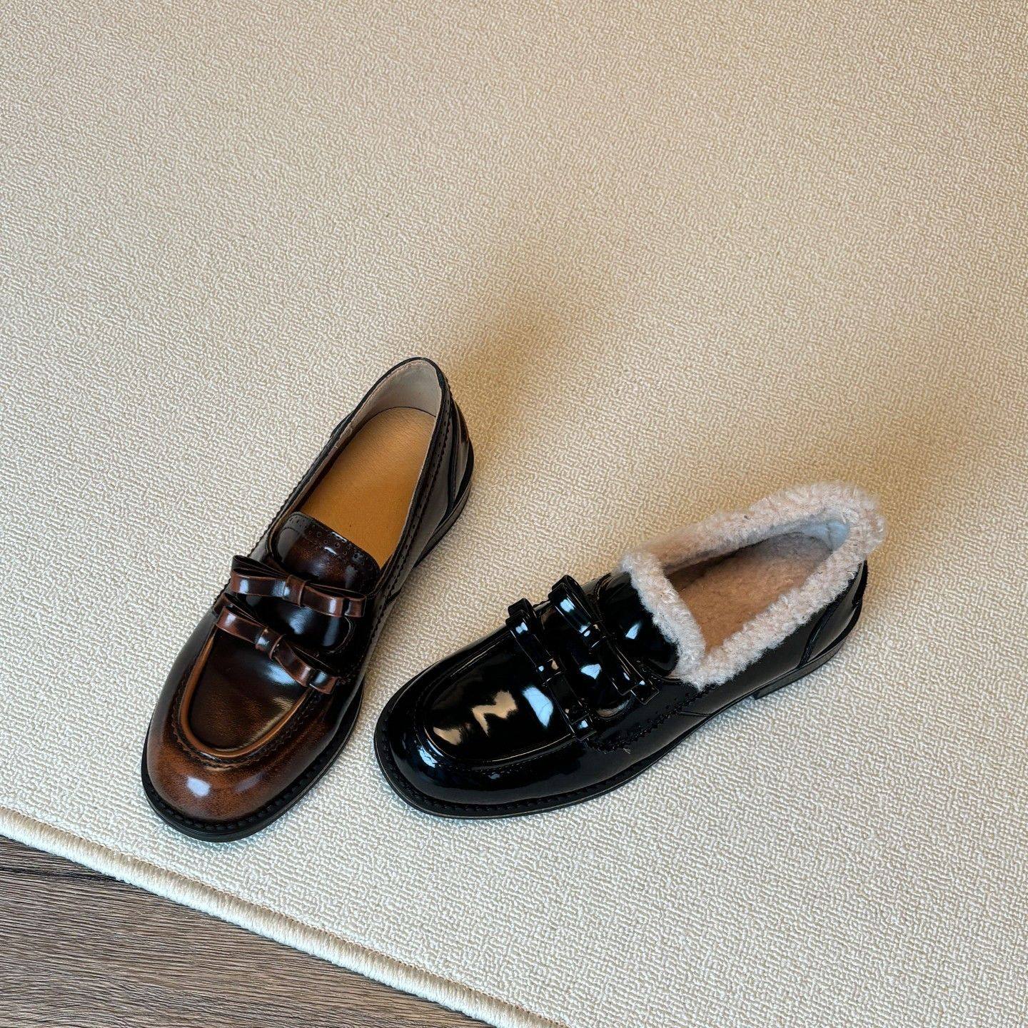 真皮英伦风保暖加绒小皮鞋女秋冬季一脚蹬毛毛鞋蝴蝶结平底乐福鞋,女鞋,乐福鞋（豆豆鞋）,淘宝优惠券,粉丝福利购,淘宝优惠卷