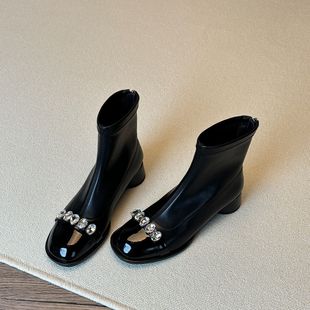 韩版粗跟弹力靴女甜美水钻瘦瘦靴秋冬季时尚粗跟中跟短靴圆头踝靴