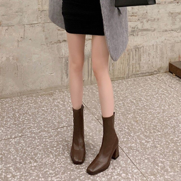 神仙战靴~好穿到爆！ins复古棕色方头粗高跟弹力短靴侧拉链瘦瘦靴,女鞋,时装靴,淘宝优惠券,粉丝福利购,淘宝优惠卷