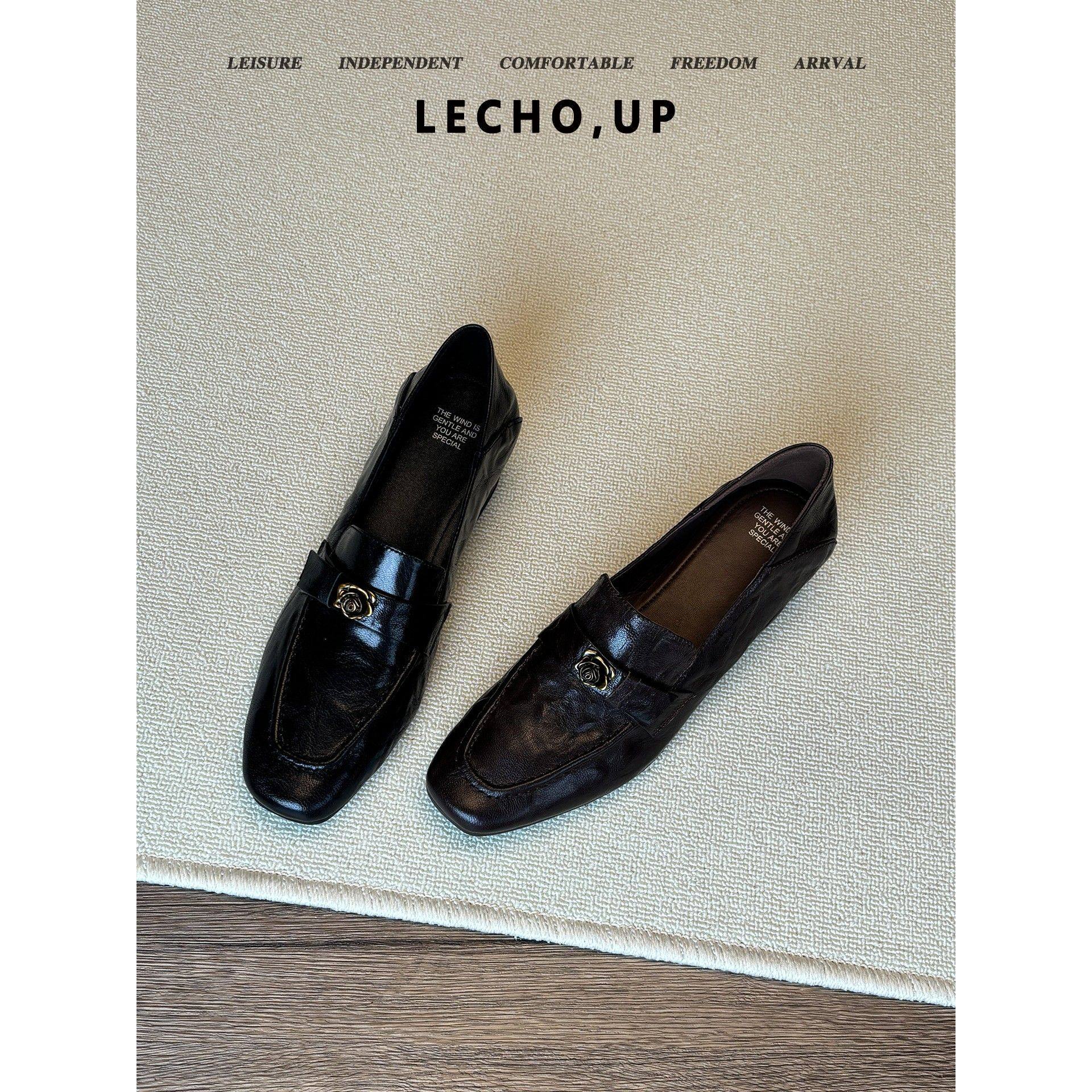 真皮一脚蹬方头乐福鞋女山茶花春秋中跟粗跟黑色通勤小皮鞋英伦风,女鞋,乐福鞋（豆豆鞋）,淘宝优惠券,粉丝福利购,淘宝优惠卷