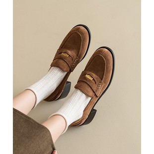 女麂皮厚跟拖鞋 金币乐福鞋 上懒小皮鞋 真皮棕色平底鞋 英式 春季 风格