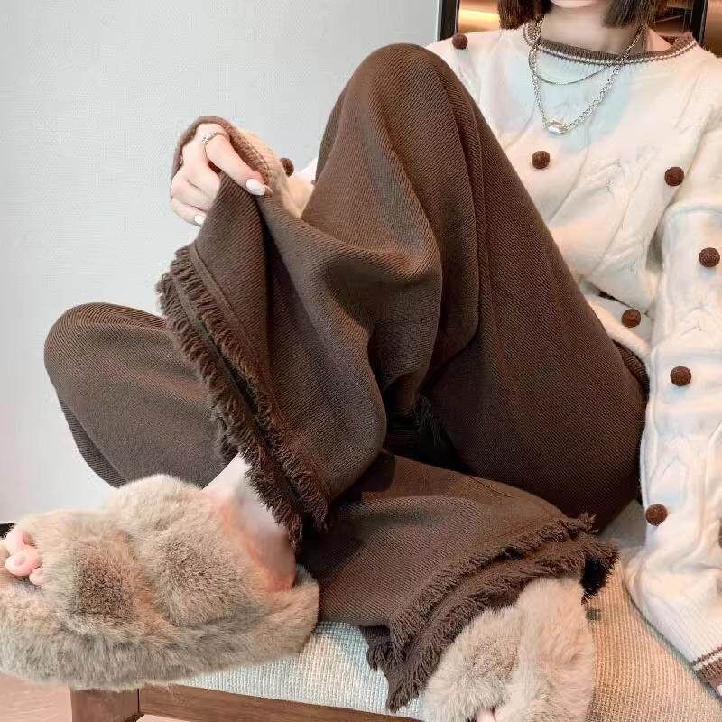 咖色阔腿美拉德糯米裤女秋季穿搭高腰垂感加厚宽松毛边针织拖地裤,女装/女士精品,休闲裤,淘宝优惠券,粉丝福利购,淘宝优惠卷