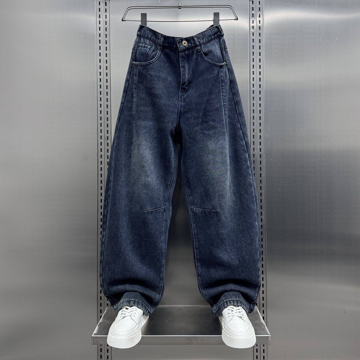 仓石一树潮牌美式复古弯刀裤牛仔裤男冬季加绒宽松阔腿裤直筒长裤