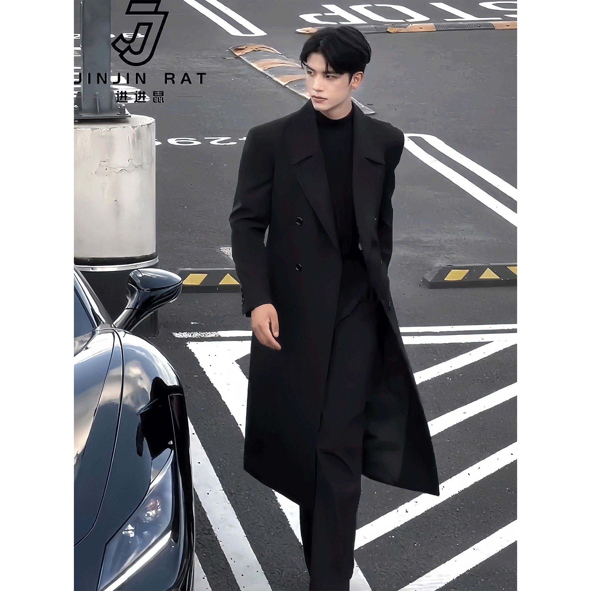 英伦风黑色教父垫肩毛呢大衣男秋季韩系高级感中长款过膝风衣外套