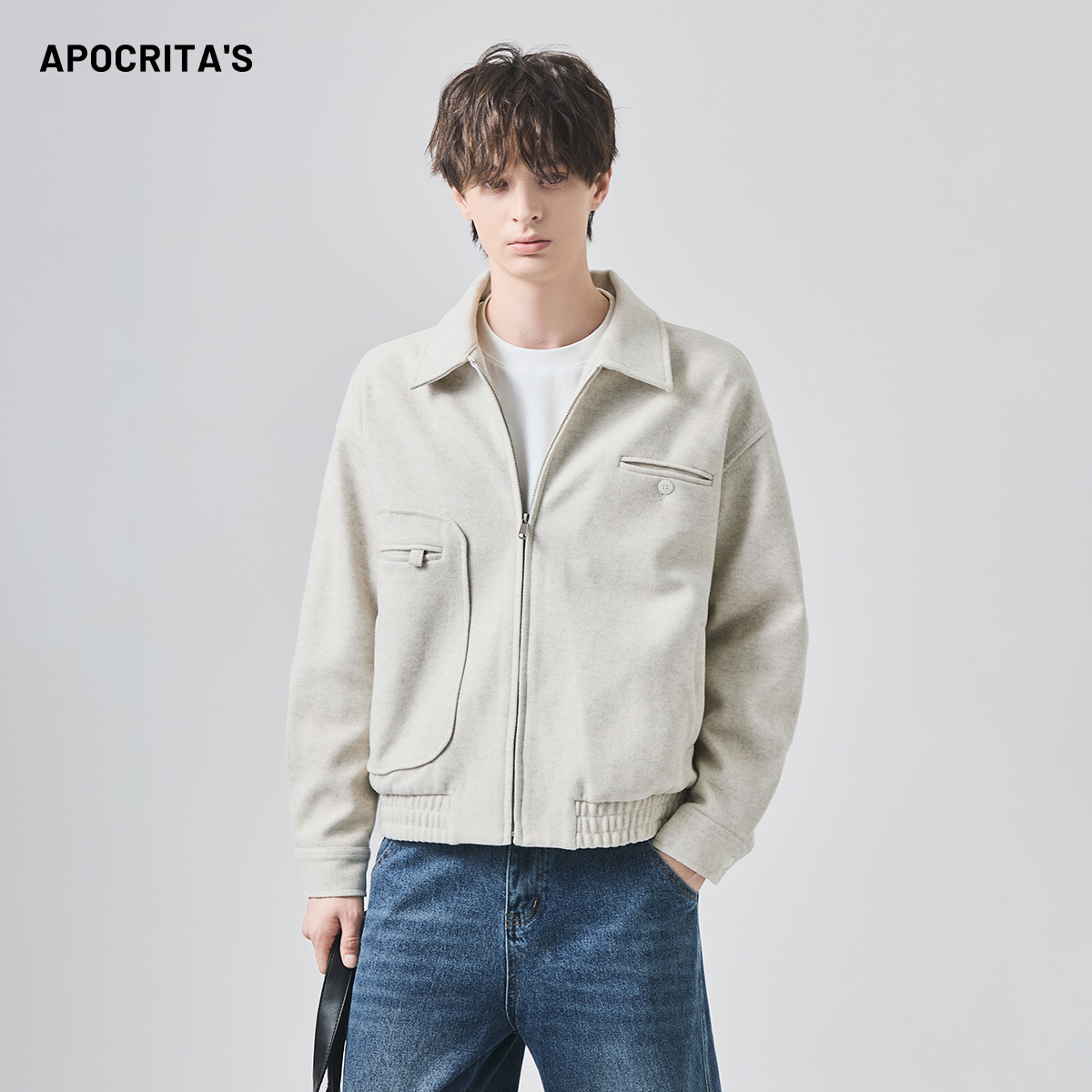 男士毛呢外套秋冬季高级感百搭宽松翻领休闲夹克上衣|APO男装