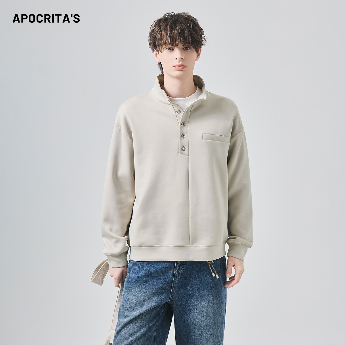 男士运动休闲卫衣高级感宽松立领空气层长袖内搭上衣|APO男装