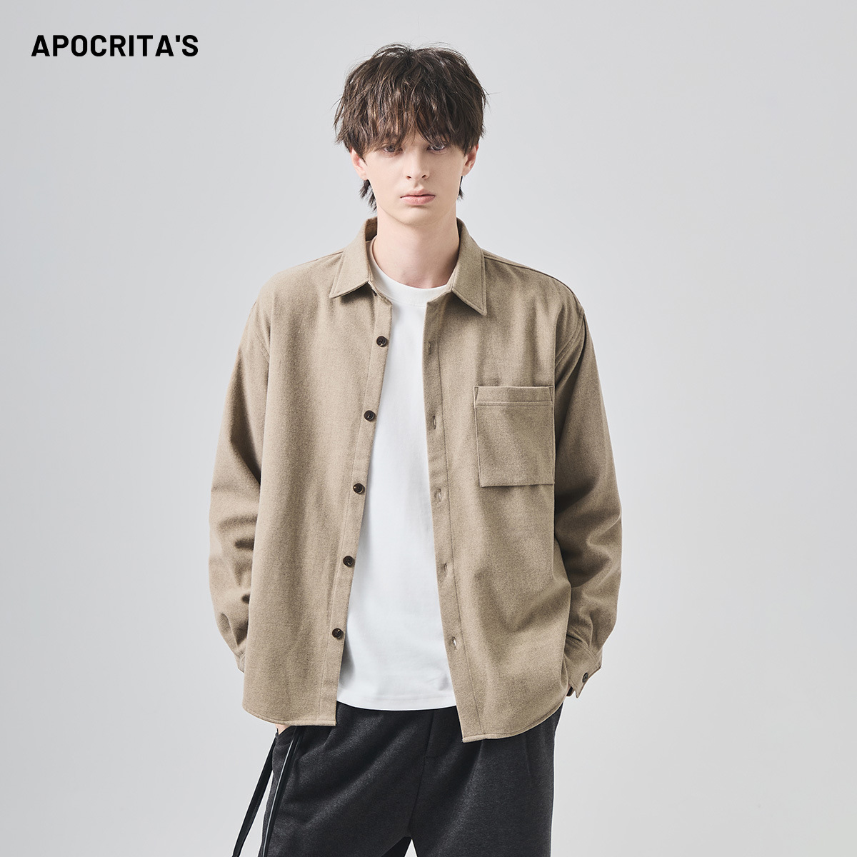男士毛呢保暖长袖衬衫秋冬宽松休闲抗皱免烫衬衣外套|APO男装