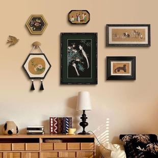 中古国风装饰画新中式法式复古花鸟人物挂画组合画客厅沙发壁画