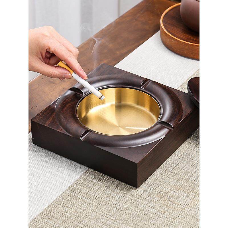 烟灰缸创意个性潮流客厅家用黑檀实木带盖防飞灰中式金属铜制烟缸