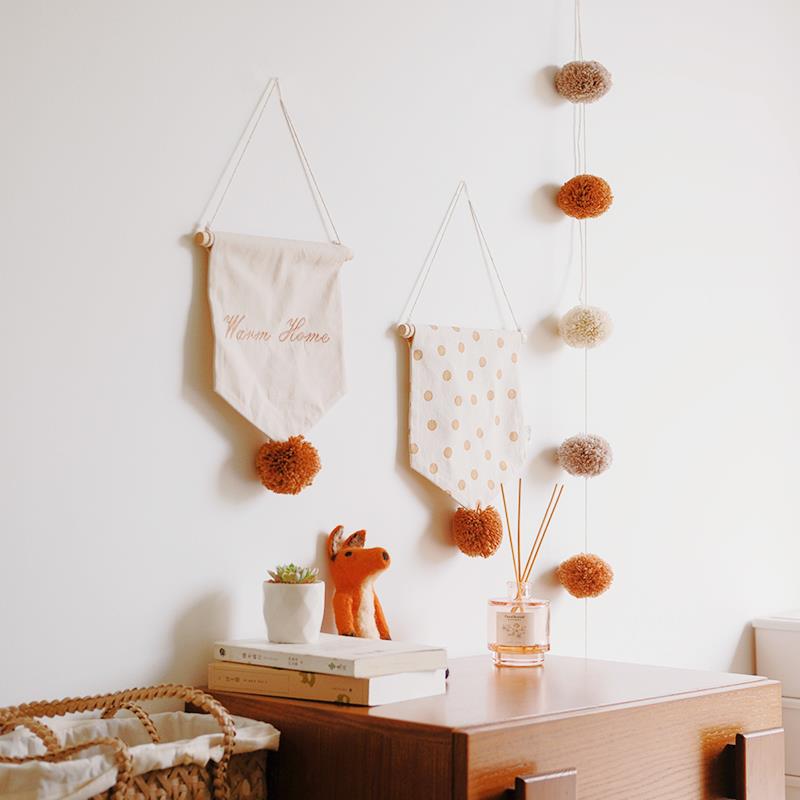 布艺挂旗ins北欧帆布印花刺绣毛球挂饰儿童房家居装饰墙面吊饰